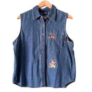Vintage Winnie the Pooh Tiger Piglet Chambray Button Down Sleeveless Shirt Sz XL